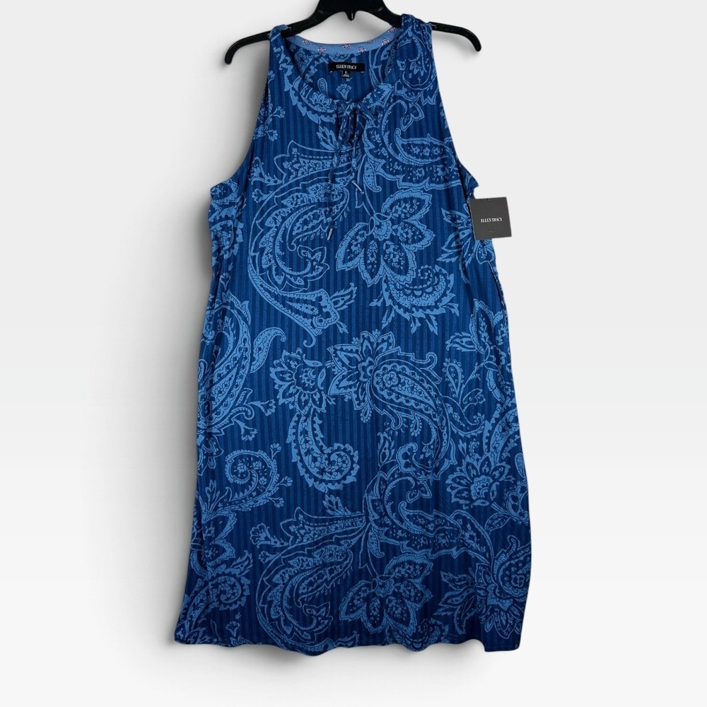 Ellen Tracy Sleeveless Paisley Midi Dress Womens L Blue Ribbed Knit NWT NEW
